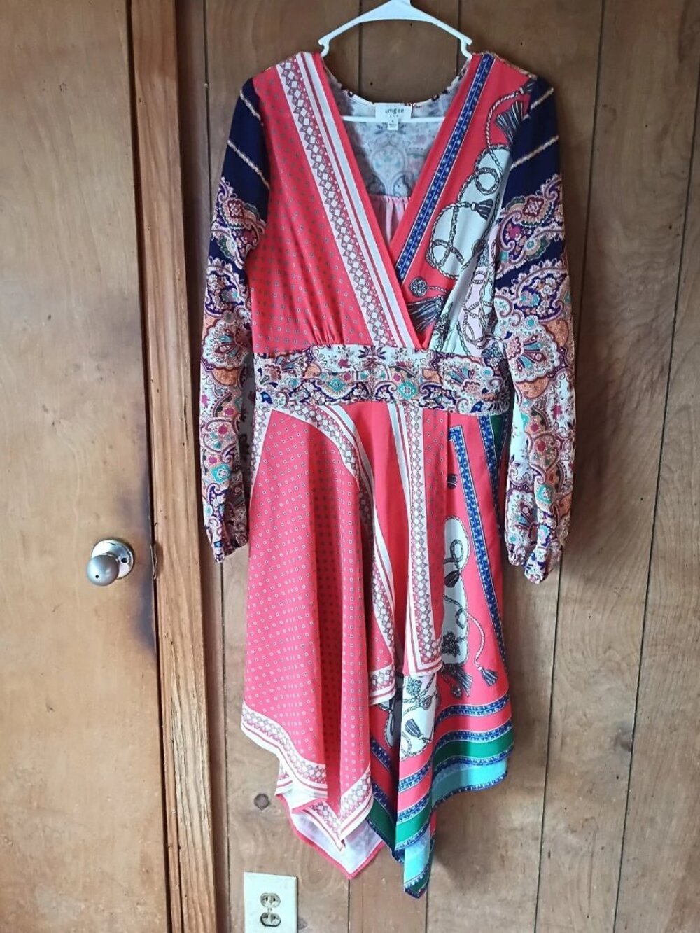Umgee Womens Dress Size L Boho Paisley Handkerchief Hem Long Sleeve Multicolor